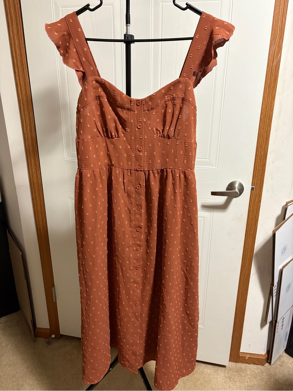 SHEIN Rust Brown Ruffle-Strap Button Midi Dress